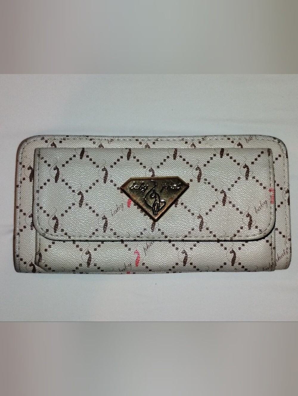Baby Phat Vintage White and Brown Logo Quilted Wallet with Gold Tone Hardware